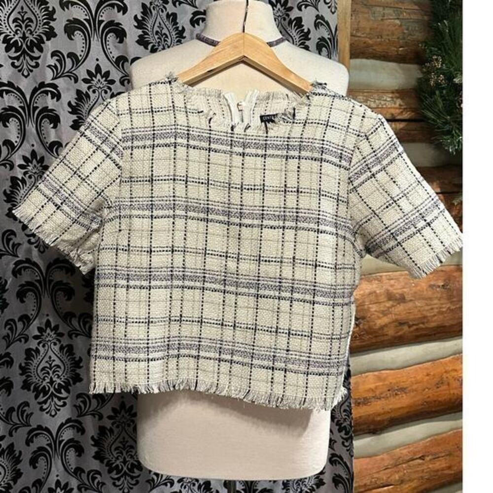 Central Park West Blue & Cream Harper Tweed Cropped Blouse MSRP $165